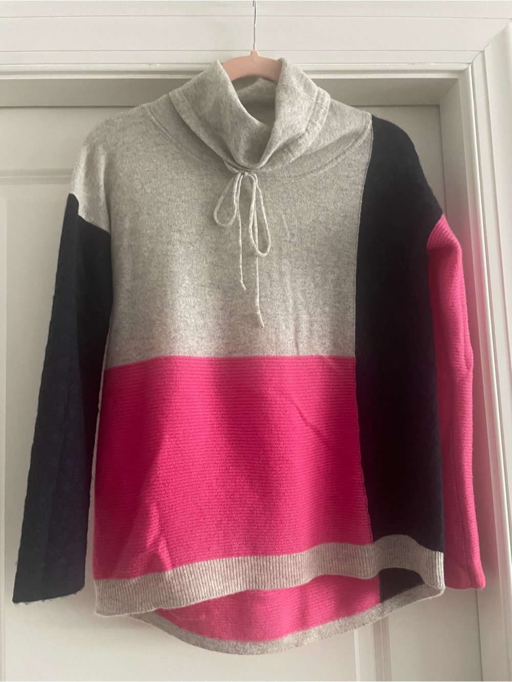 Cozy Cashmere Colorblock Cowl Neck Sweater in Gray, Pink & Black